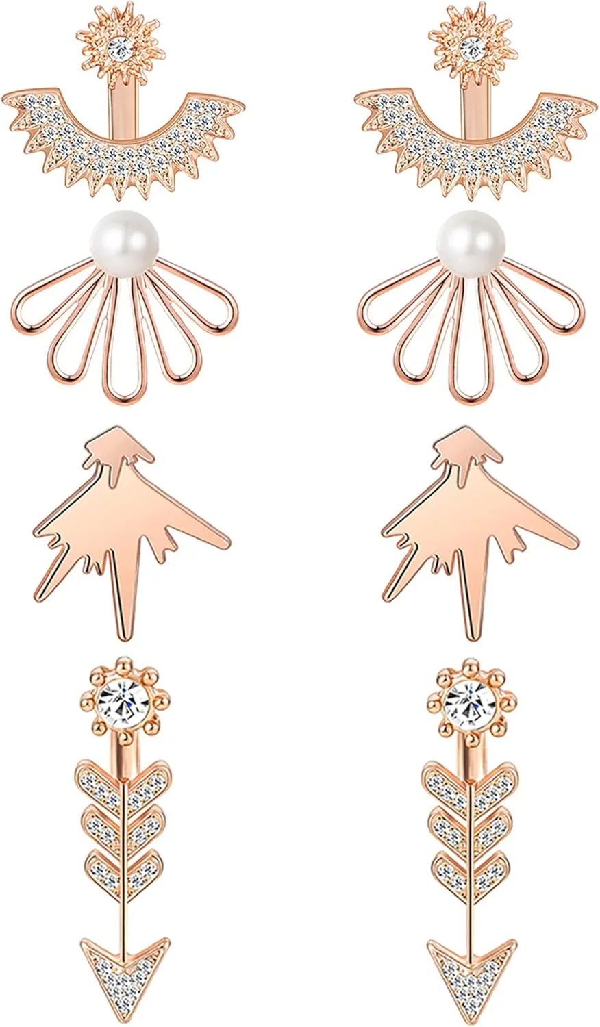 4 Pairs Earrings Jackets Lotus Flower Earrings Simple Chic Ear Stud Earrings Clear CZ Stud Earrings Set for Women Silver Rose Gold Tone