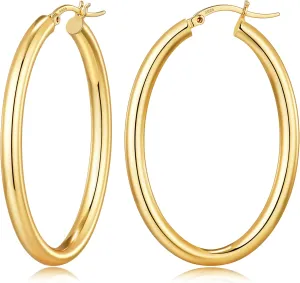 4mm Large Gold & Silver Hoop Earrings for Women, 14K Classic Chunky Hoops Earrings with 925 Sterling Silver Post, Lightweight Hypoallergenic Earrings, Simple & Chic Oval Earrings 30/40/50mm