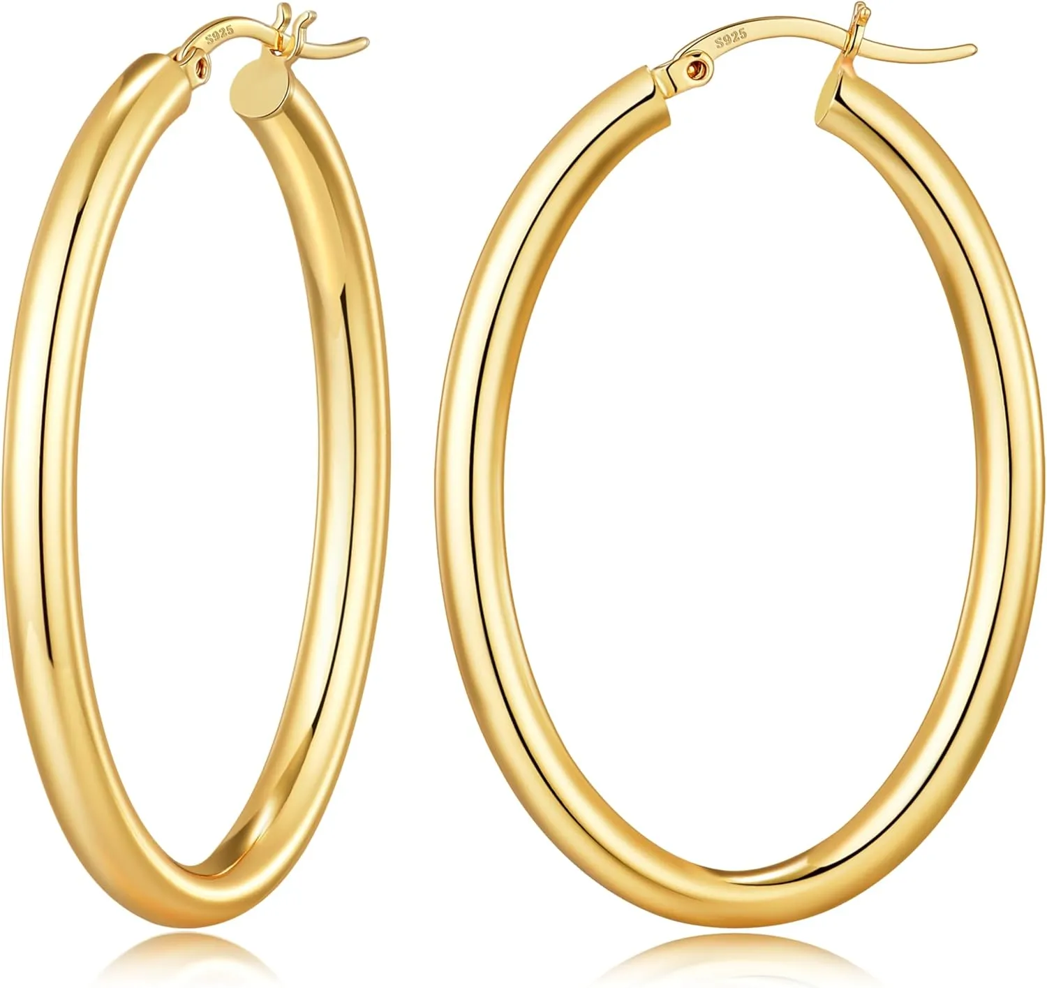 4mm Large Gold & Silver Hoop Earrings for Women, 14K Classic Chunky Hoops Earrings with 925 Sterling Silver Post, Lightweight Hypoallergenic Earrings, Simple & Chic Oval Earrings 30/40/50mm