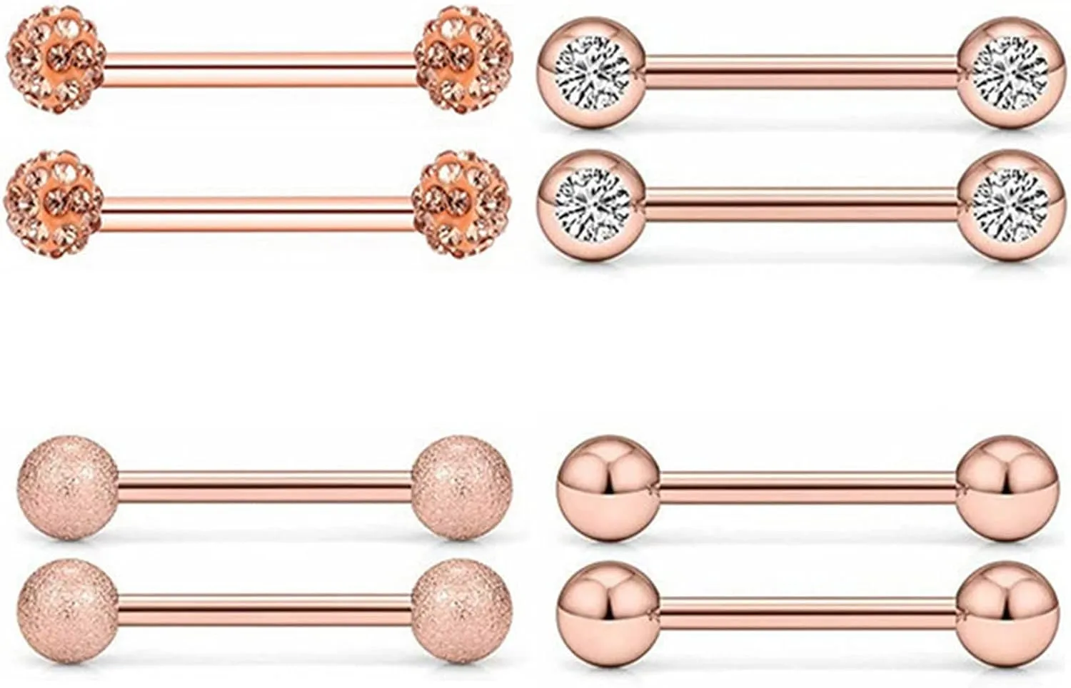 4Pairs 14G Stainless Steel Nipple Rings Glitter CZ Balls Straight Barbell Bars Tongue Ring 14mm(9/16Inch) Body Piercing Jewelry Set