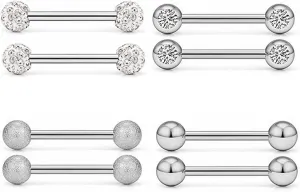 4Pairs 14G Stainless Steel Nipple Rings Glitter CZ Balls Straight Barbell Bars Tongue Ring 14mm(9/16Inch) Body Piercing Jewelry Set