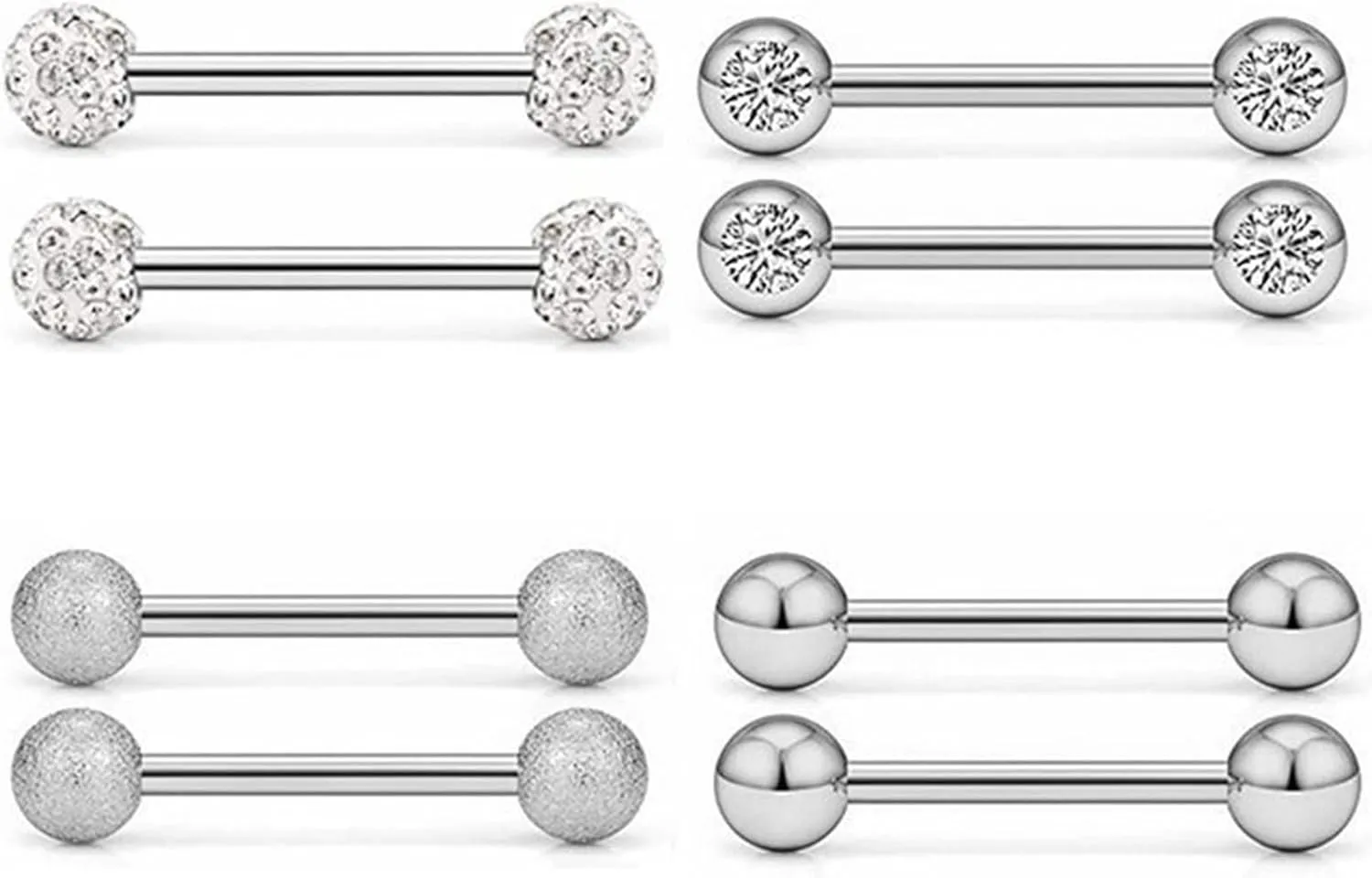 4Pairs 14G Stainless Steel Nipple Rings Glitter CZ Balls Straight Barbell Bars Tongue Ring 14mm(9/16Inch) Body Piercing Jewelry Set