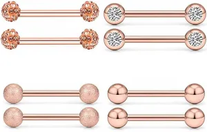 4Pairs 14G Stainless Steel Nipple Rings Glitter CZ Balls Straight Barbell Bars Tongue Ring 14mm(9/16Inch) Body Piercing Jewelry Set
