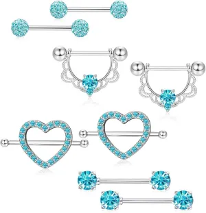 4Pairs 14G Stainless Steel Nipple Rings Glitter CZ Heart Flower Balls Straight Barbell Bars Tongue Ring 14mm(9/16Inch) Body Piercing Jewelry