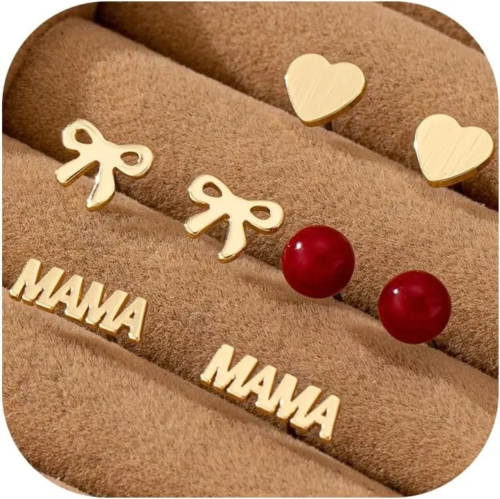 4Pairs Small Gold Stud Earrings Set for Women,14K Gold Plated Elegant Mama Earrings Cute Bow Earring Heart Stud Earring Hypoallergenic Trendy Jewelry