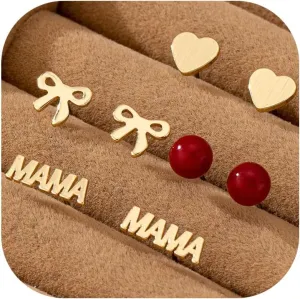4Pairs Small Gold Stud Earrings Set for Women,14K Gold Plated Elegant Mama Earrings Cute Bow Earring Heart Stud Earring Hypoallergenic Trendy Jewelry