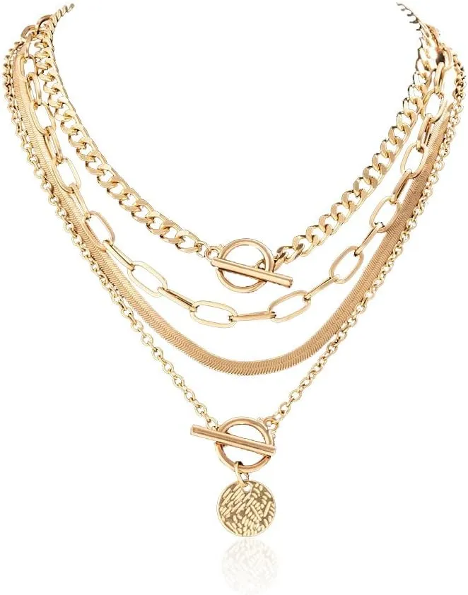 4PCS Layered Gold Necklaces Set for Women Gold Herringbone Paperclip Chain Necklace Retro Coin Medallion Pendant Necklace Cuban Chain Toggle Clasp Jewelry Gifts