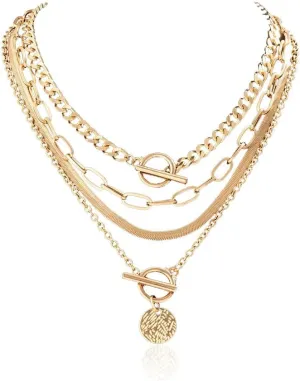 4PCS Layered Gold Necklaces Set for Women Gold Herringbone Paperclip Chain Necklace Retro Coin Medallion Pendant Necklace Cuban Chain Toggle Clasp Jewelry Gifts