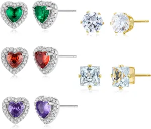 5 Pairs Stud Earrings Set, Cubic Zirconia Hypoallergenic Earrings for Women, Heart/Round/Square Birthstone Stud Earrings, Elegant Gift Box for Birthday