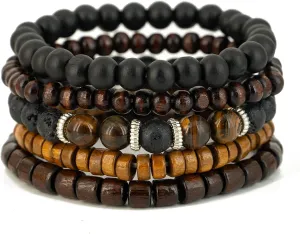 5-Piece Set Wooden Beaded Bracelets, Unisex, Rustic Bohemian Style,Vintage Fashion Jewelry Accessory, for Men and Women