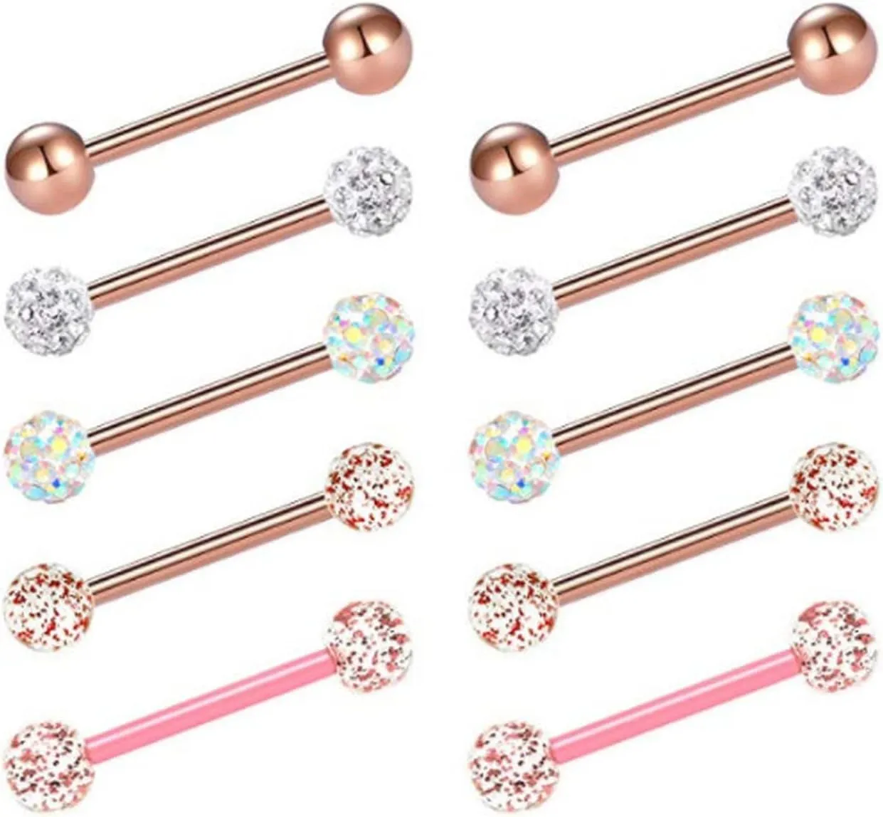 5Pairs 14G Stainless Steel Flexible Acrylic Nipple Rings Glitter CZ Bioplast Ball Straight Barbell Bars Tongue Ring 16mm(5/8Inch) Body Piercing Jewelry