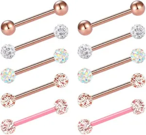 5Pairs 14G Stainless Steel Flexible Acrylic Nipple Rings Glitter CZ Bioplast Ball Straight Barbell Bars Tongue Ring 16mm(5/8Inch) Body Piercing Jewelry