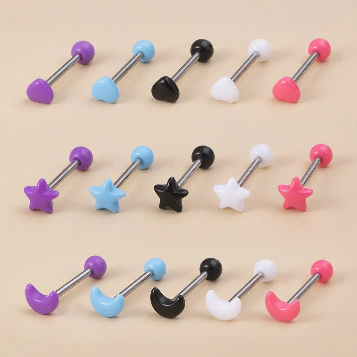 5Pcs Acrylic Heart Star Moon Tongue Rings for Women 14G Stainless Steel Straight Barbell Tongue Rings Tongue Piercing Jewelry 5/8" Length