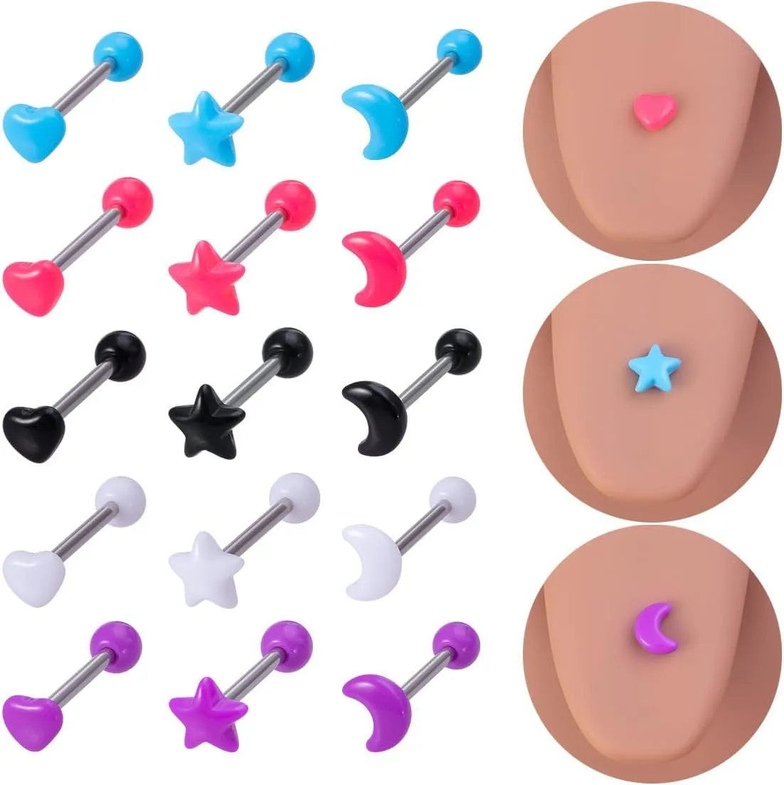 5Pcs Acrylic Heart Star Moon Tongue Rings for Women 14G Stainless Steel Straight Barbell Tongue Rings Tongue Piercing Jewelry 5/8" Length