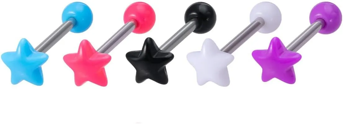 5Pcs Acrylic Heart Star Moon Tongue Rings for Women 14G Stainless Steel Straight Barbell Tongue Rings Tongue Piercing Jewelry 5/8" Length