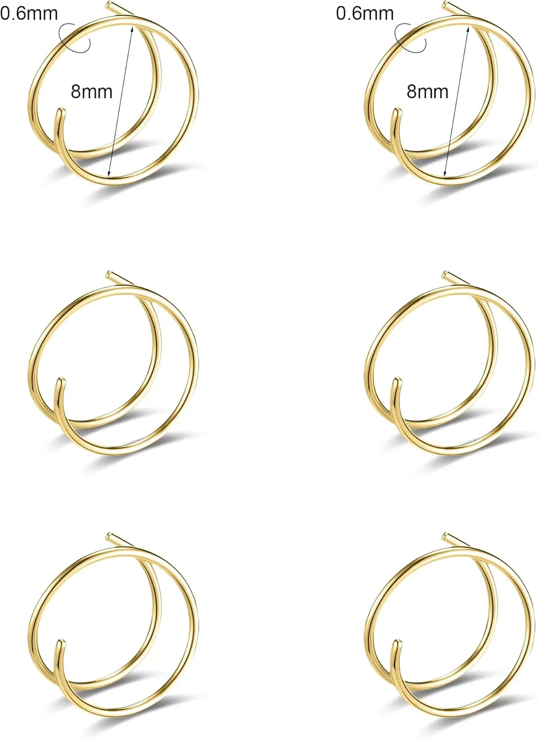 6-12PCS Stainless Steel Nose Ring Hoop Set for Men Women Cartilage Earring Double Hoop, 18G-22G, Black/Gold/Silver, Hypoallergenic Piercing Jewelry for Nose, Septum Cartilage