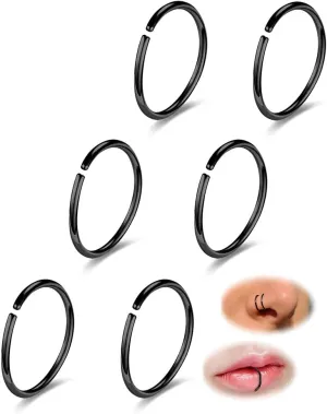 6-12PCS Stainless Steel Nose Ring Hoop Set for Men Women Cartilage Earring Double Hoop, 18G-22G, Black/Gold/Silver, Hypoallergenic Piercing Jewelry for Nose, Septum Cartilage