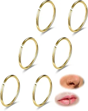 6-12PCS Stainless Steel Nose Ring Hoop Set for Men Women Cartilage Earring Double Hoop, 18G-22G, Black/Gold/Silver, Hypoallergenic Piercing Jewelry for Nose, Septum Cartilage