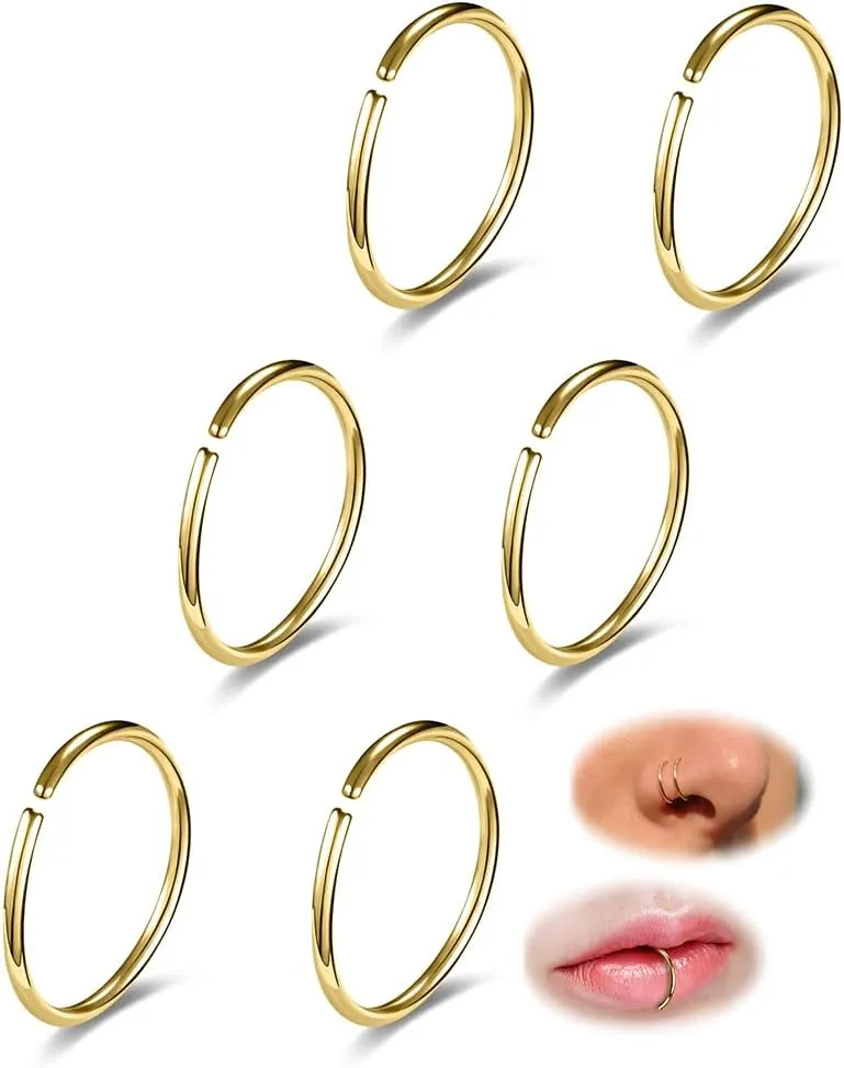 6-12PCS Stainless Steel Nose Ring Hoop Set for Men Women Cartilage Earring Double Hoop, 18G-22G, Black/Gold/Silver, Hypoallergenic Piercing Jewelry for Nose, Septum Cartilage