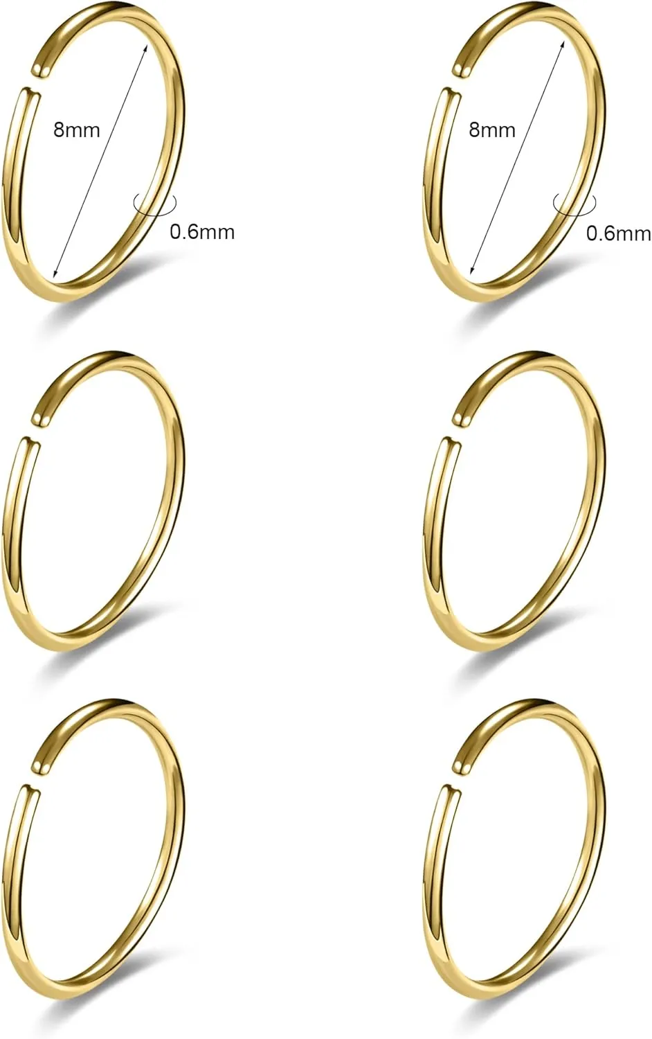 6-12PCS Stainless Steel Nose Ring Hoop Set for Men Women Cartilage Earring Double Hoop, 18G-22G, Black/Gold/Silver, Hypoallergenic Piercing Jewelry for Nose, Septum Cartilage