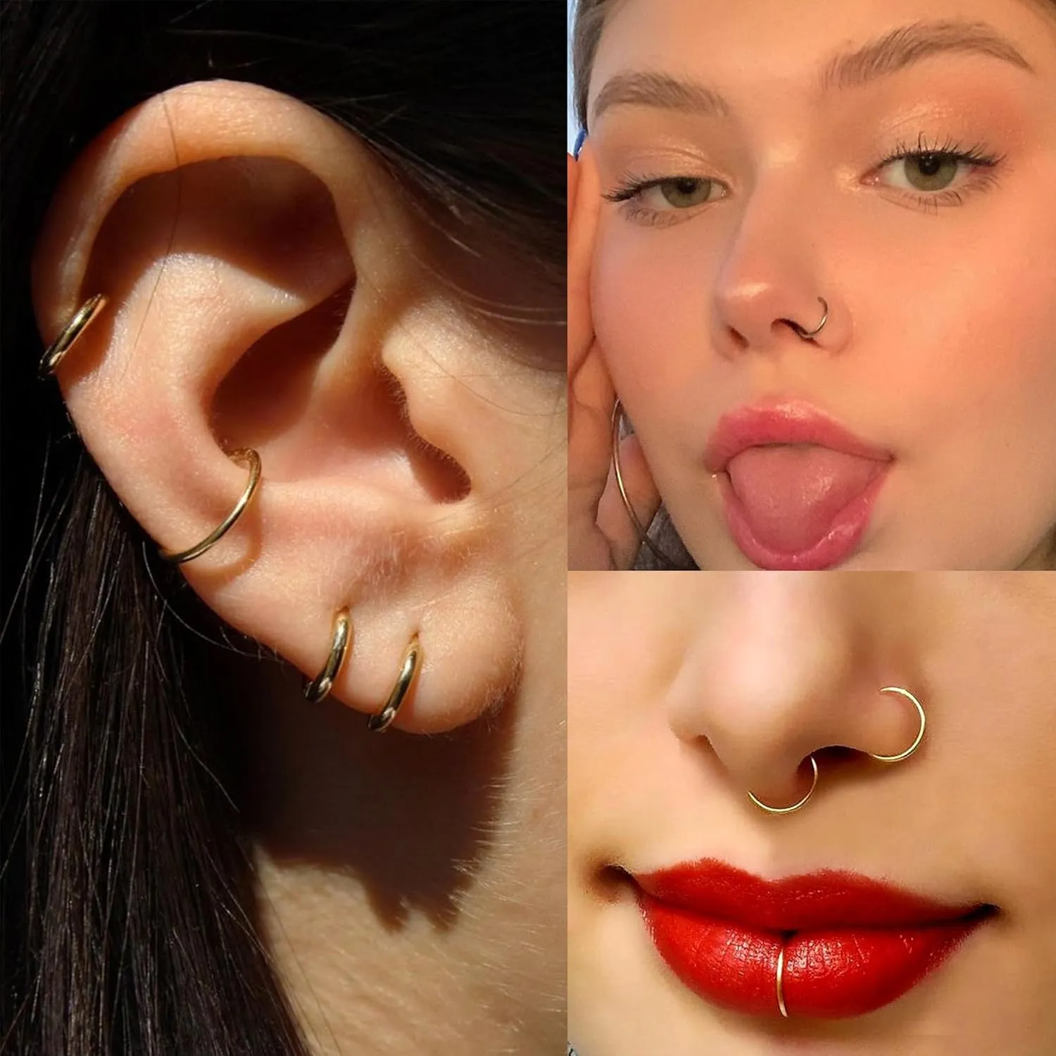 6-12PCS Stainless Steel Nose Ring Hoop Set for Men Women Cartilage Earring Double Hoop, 18G-22G, Black/Gold/Silver, Hypoallergenic Piercing Jewelry for Nose, Septum Cartilage