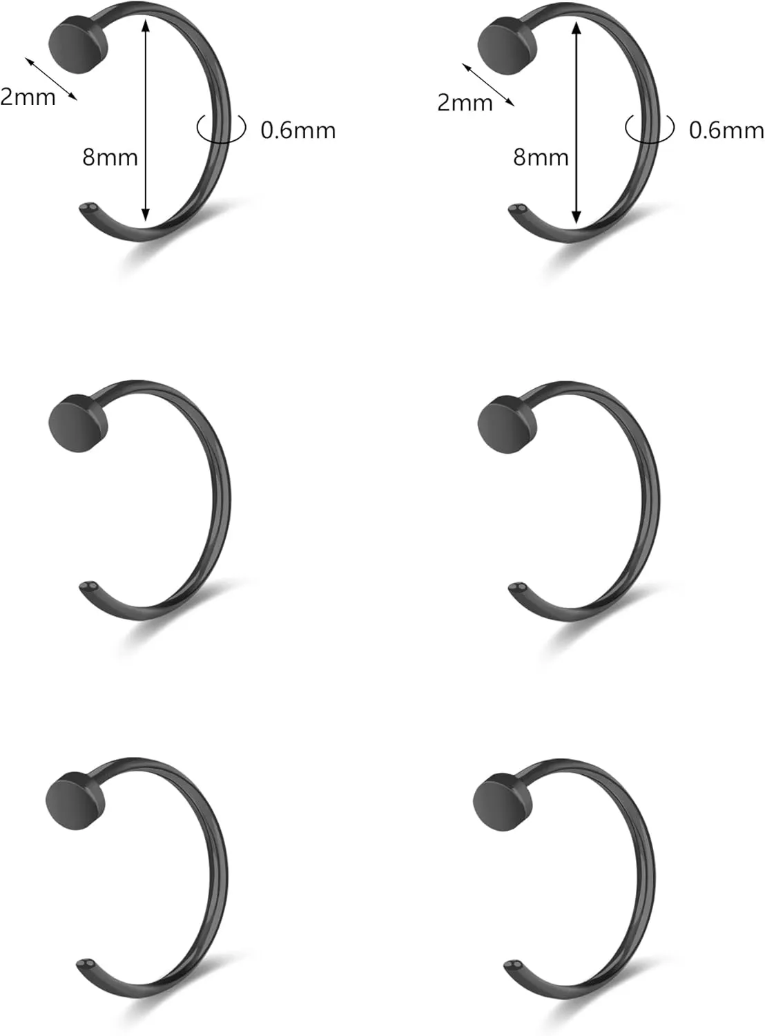 6-12PCS Stainless Steel Nose Ring Hoop Set for Men Women Cartilage Earring Double Hoop, 18G-22G, Black/Gold/Silver, Hypoallergenic Piercing Jewelry for Nose, Septum Cartilage