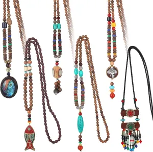 6 Pcs Boho Long Necklaces for Women Vintage Wooden Necklace Handmade Retro Nepal Boho Jewelry Gifts