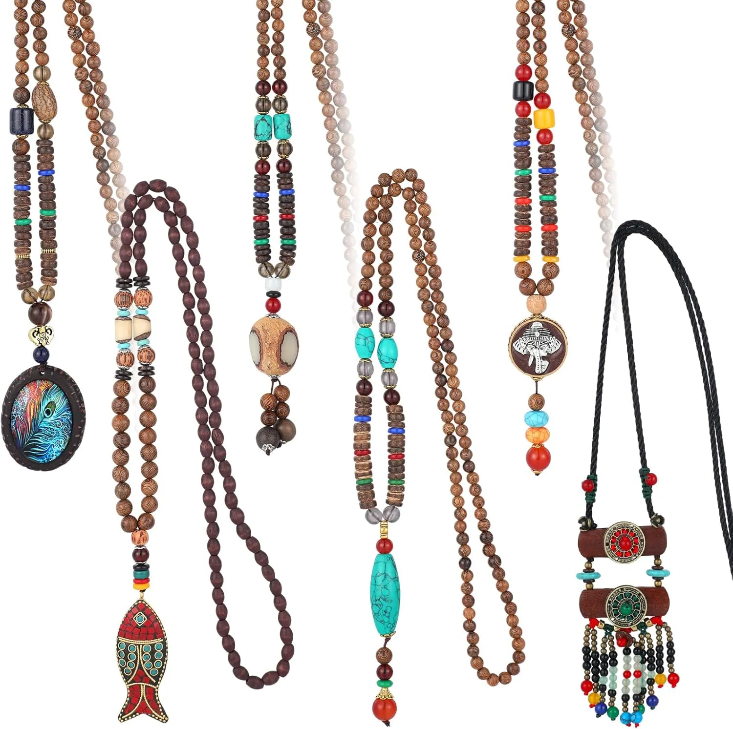 6 Pcs Boho Long Necklaces for Women Vintage Wooden Necklace Handmade Retro Nepal Boho Jewelry Gifts