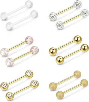 6Pairs 14G Stainless Steel Flexible Acrylic Nipple Rings Glitter CZ Ball Straight Barbell Bars Tongue Ring 14mm(9/16Inch) Body Piercing Jewelry Set
