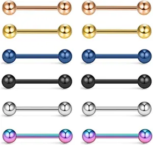 6Pairs 14G Stainless Steel Nipple Rings Colorful Balls Straight Barbell Bars Tongue Ring 16mm(5/8Inch) Body Piercing Jewelry Set