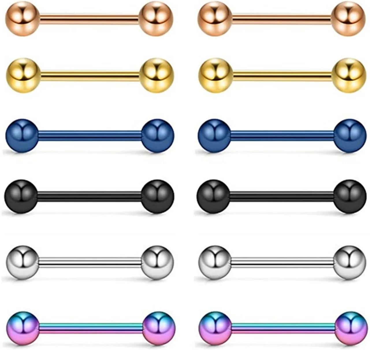 6Pairs 14G Stainless Steel Nipple Rings Colorful Balls Straight Barbell Bars Tongue Ring 16mm(5/8Inch) Body Piercing Jewelry Set