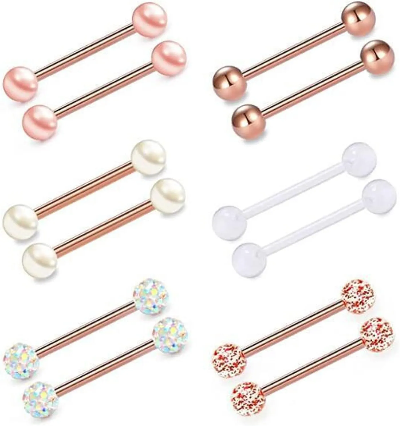 6Pairs 14G Stainless Steel Nipple Rings Glitter CZ Ball Straight Barbell Bars Tongue Ring 16mm(5/8Inch) Body Piercing Jewelry