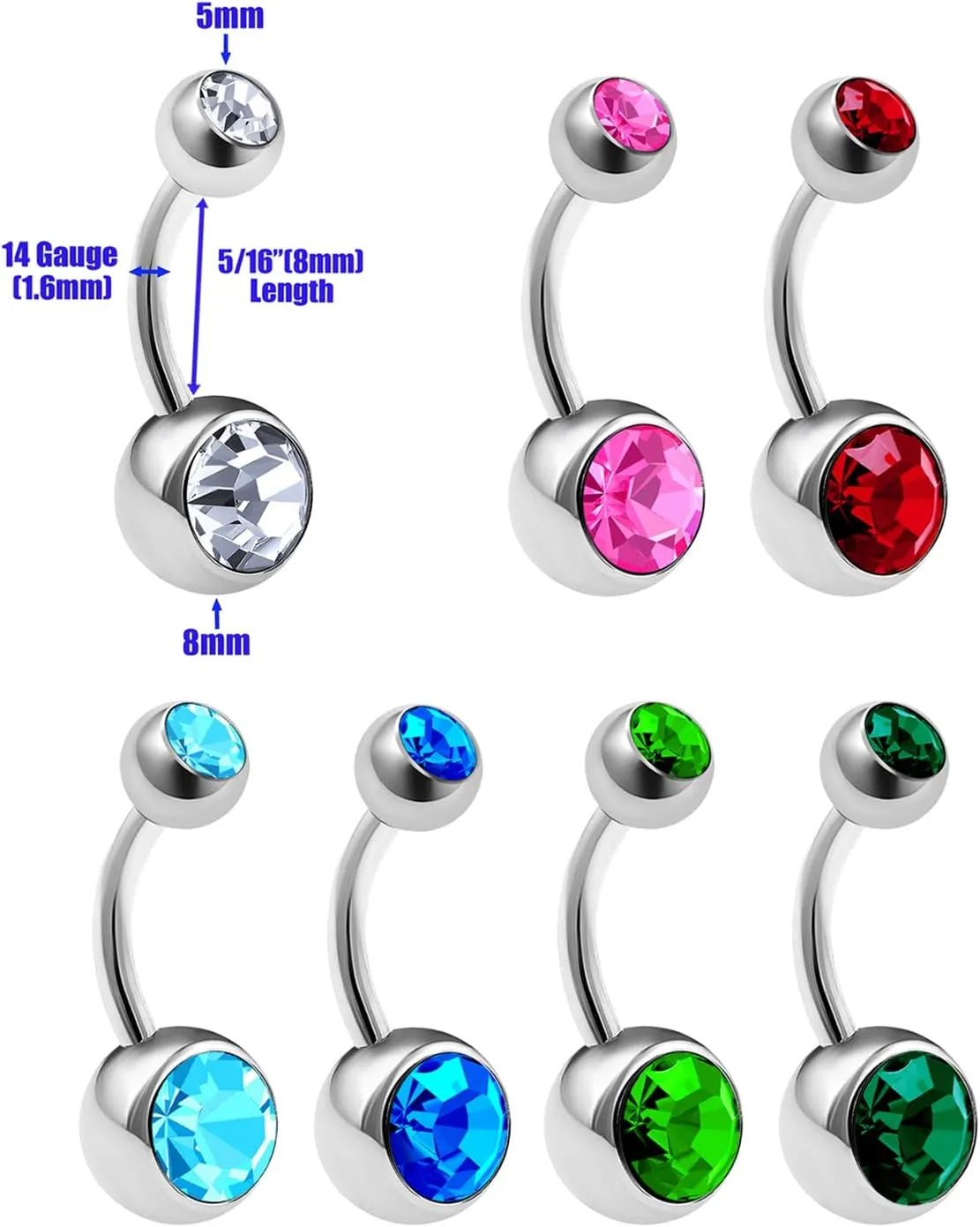7Pcs Steel 14g Belly Button Rings Piercing Jewelry 8mm 5mm Clear Rose Lt.Siam Aqua Sapphire Peridot Emerald Ball More Choices