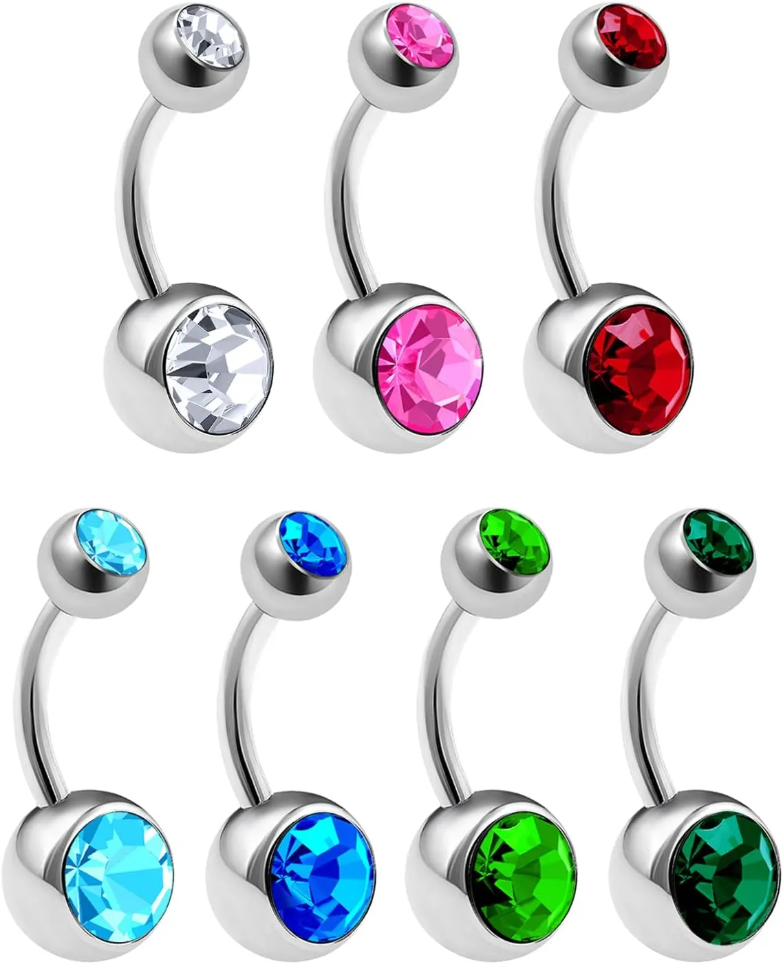 7Pcs Steel 14g Belly Button Rings Piercing Jewelry 8mm 5mm Clear Rose Lt.Siam Aqua Sapphire Peridot Emerald Ball More Choices