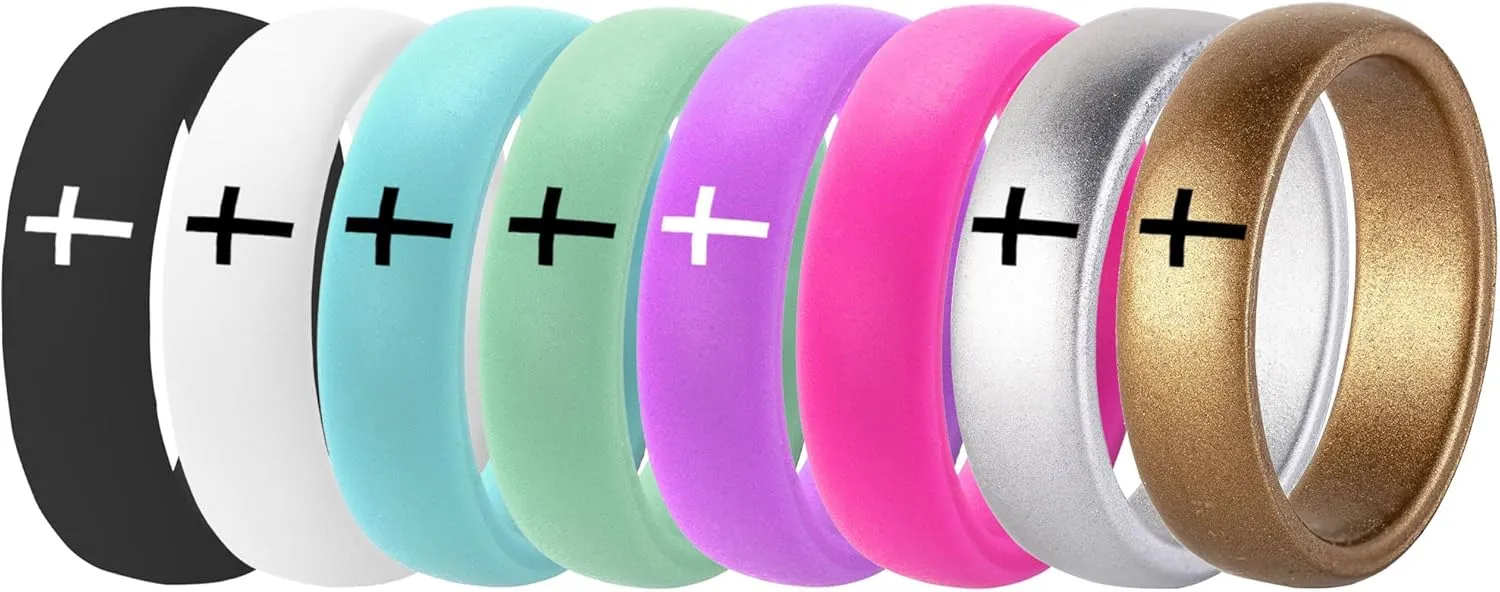 8 Colors Set-Custom Logo Text Silicone Rings 5.7mm Delicate Breathable Rubber Comfort Fit Thin Rings Wedding Band,Christian Cross Rings/Freemason Compass Symbol Masonic Rings