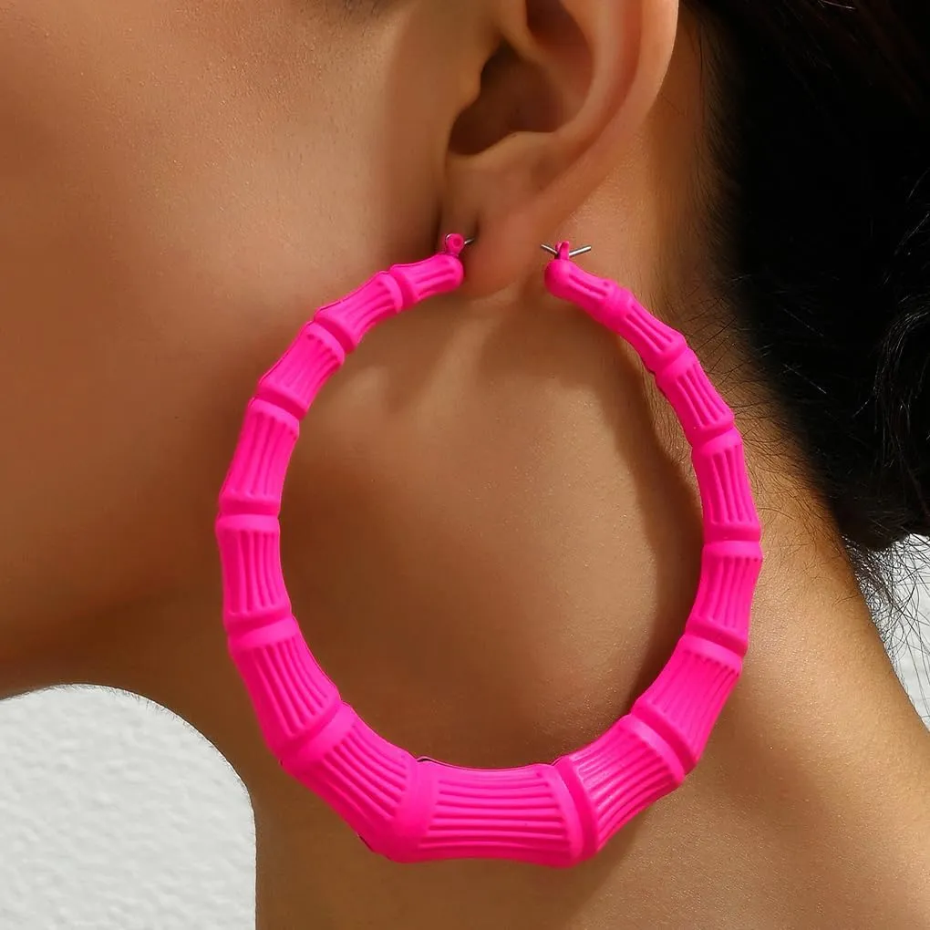 80 90s Chunky Bamboo Hoop Earrings, Bright Colors Novelty Large Circle Chic Dangle Drop Earrings, Punk Hiphop Street Dance Nightclub Party Jewelry