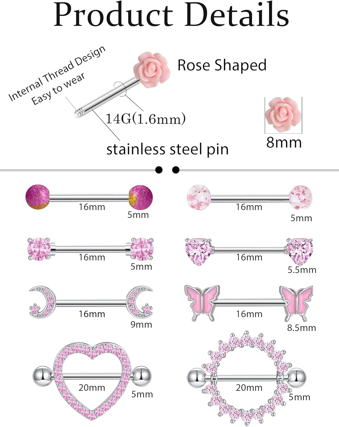 9 Pairs 14G Stainless Steel Nipple Rings Tongue Ring Straight Nipple Barbells Cute Butterfly Rose Opal Moon Heart CZ Body Piercing Jewelry for Women Pink Silver Tone