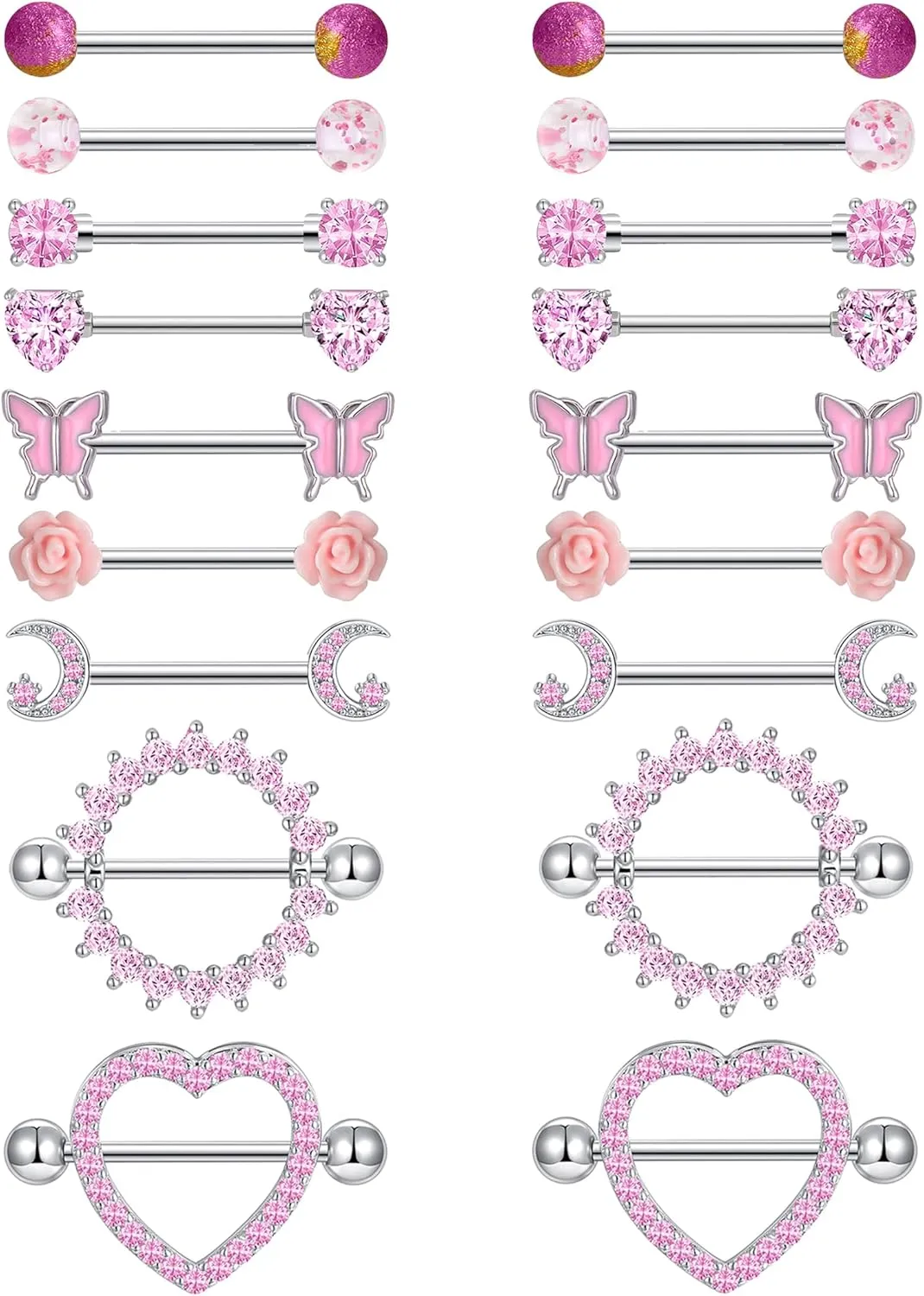 9 Pairs 14G Stainless Steel Nipple Rings Tongue Ring Straight Nipple Barbells Cute Butterfly Rose Opal Moon Heart CZ Body Piercing Jewelry for Women Pink Silver Tone
