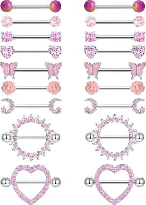 9 Pairs 14G Stainless Steel Nipple Rings Tongue Ring Straight Nipple Barbells Cute Butterfly Rose Opal Moon Heart CZ Body Piercing Jewelry for Women Pink Silver Tone