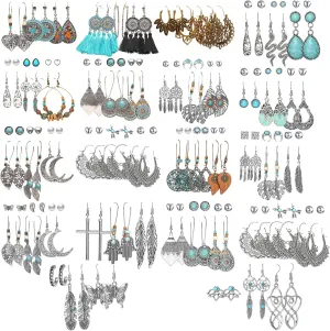 90 Pairs Bohemian Silver Hollow Drop Dangle Earrings Set for Women Girls, Fashion National Style Eardrop with Bronze Waterdrop Leaf Feather Shaped Vintage Jewelry for Gifts