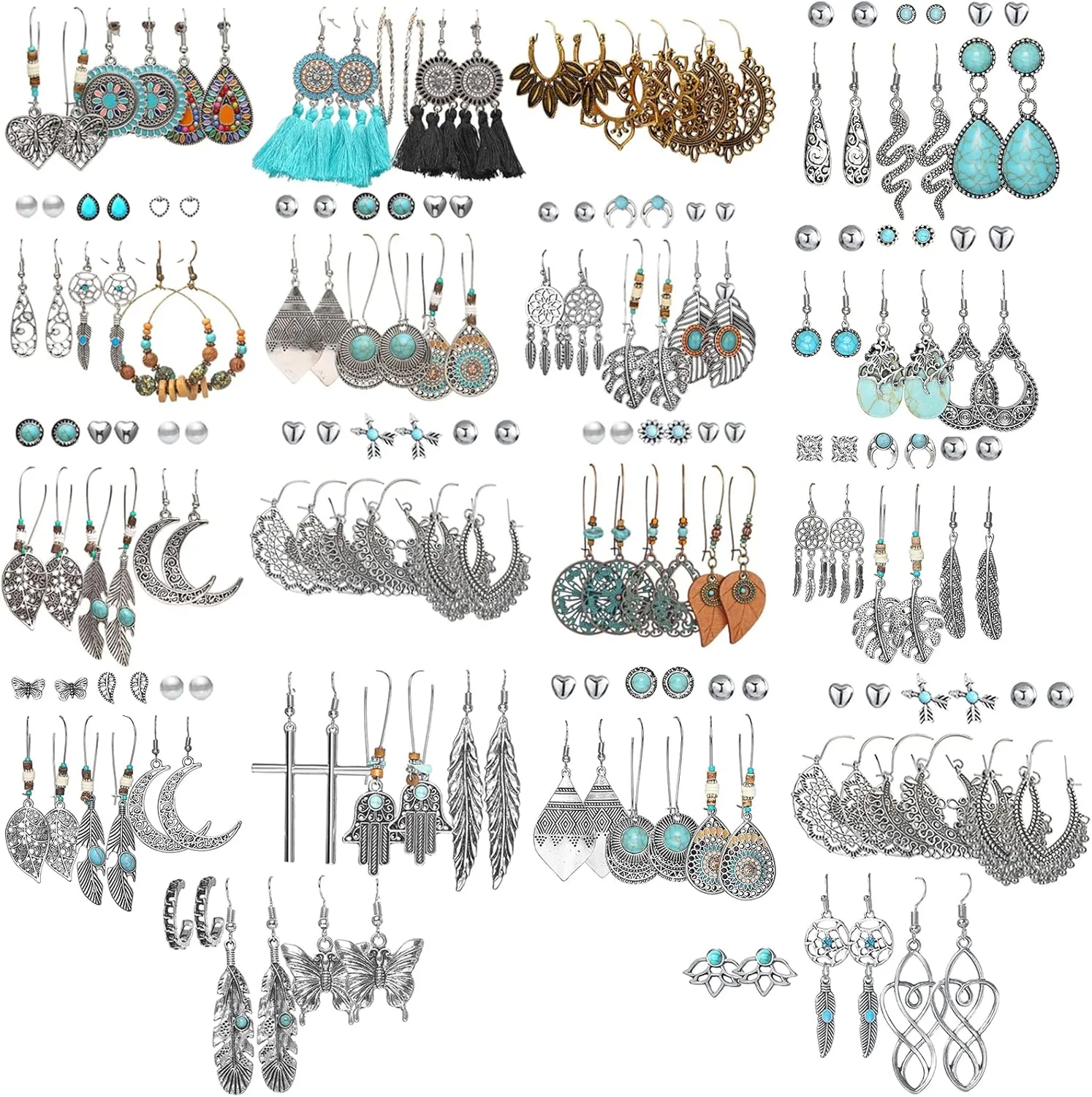 90 Pairs Bohemian Silver Hollow Drop Dangle Earrings Set for Women Girls, Fashion National Style Eardrop with Bronze Waterdrop Leaf Feather Shaped Vintage Jewelry for Gifts