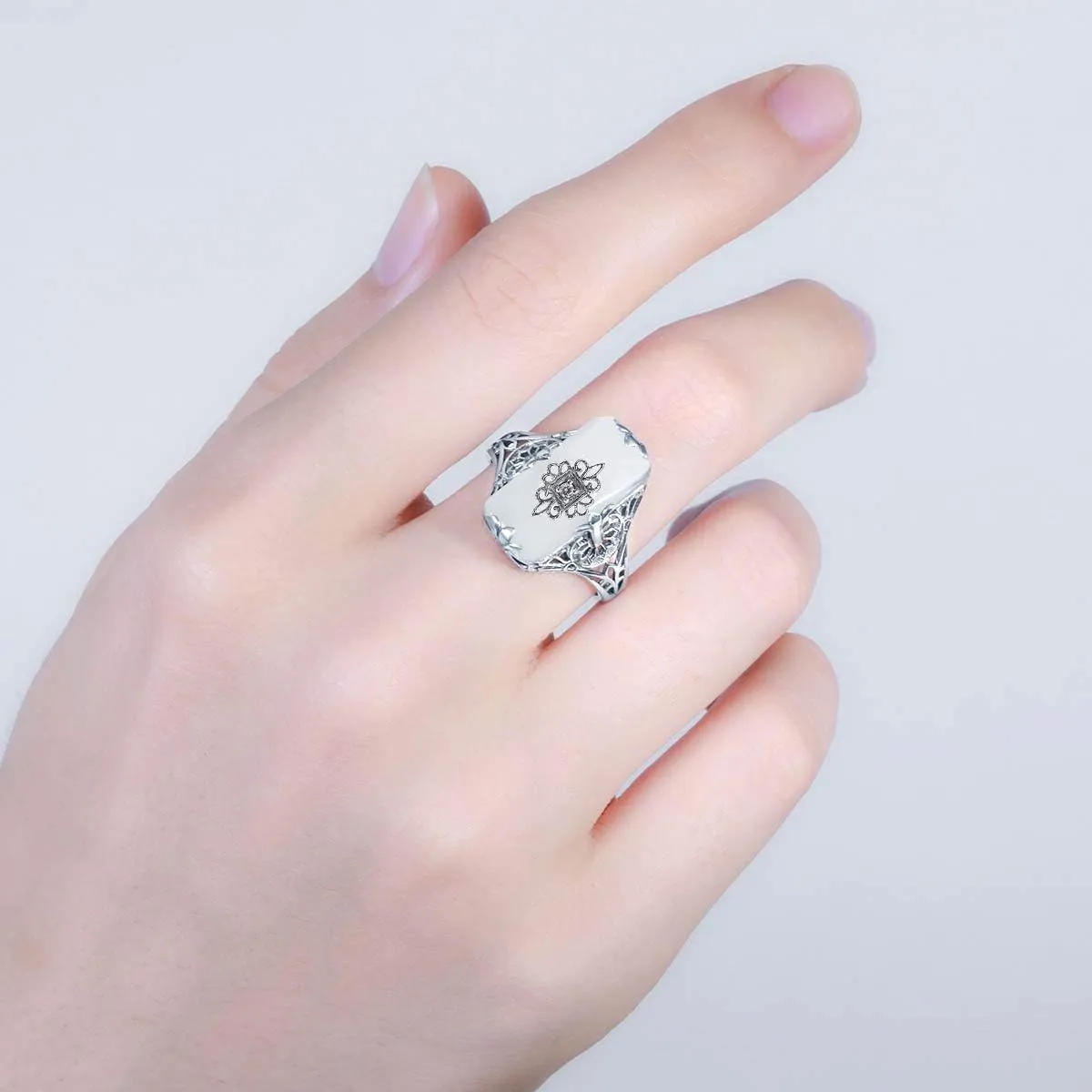 925 Silver Rings for Women White Frosted Gemstone Natural Black Agate Onyx Vintage Engagement Ring Jewelry Mom Gift