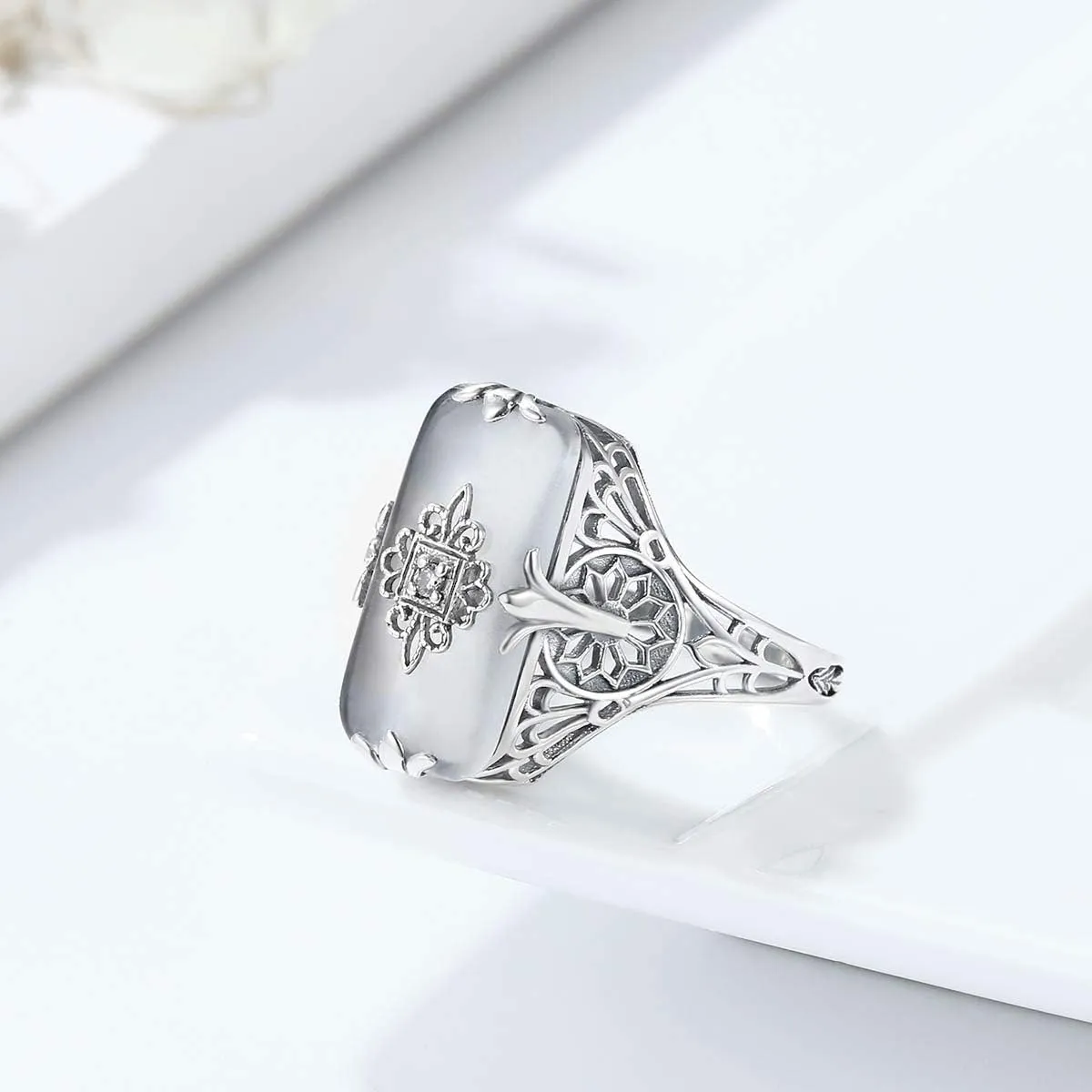 925 Silver Rings for Women White Frosted Gemstone Natural Black Agate Onyx Vintage Engagement Ring Jewelry Mom Gift