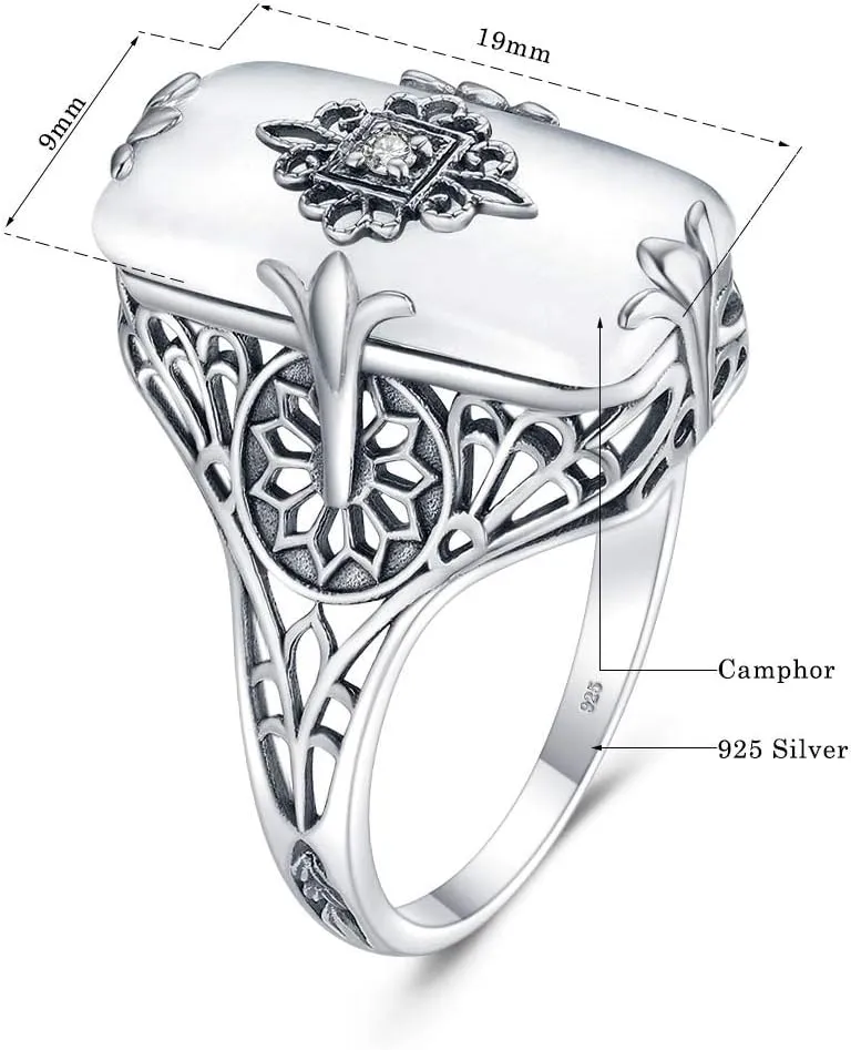 925 Silver Rings for Women White Frosted Gemstone Natural Black Agate Onyx Vintage Engagement Ring Jewelry Mom Gift