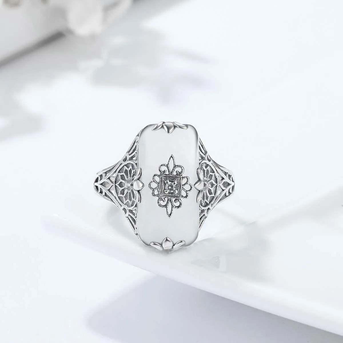 925 Silver Rings for Women White Frosted Gemstone Natural Black Agate Onyx Vintage Engagement Ring Jewelry Mom Gift