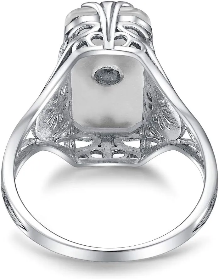 925 Silver Rings for Women White Frosted Gemstone Natural Black Agate Onyx Vintage Engagement Ring Jewelry Mom Gift