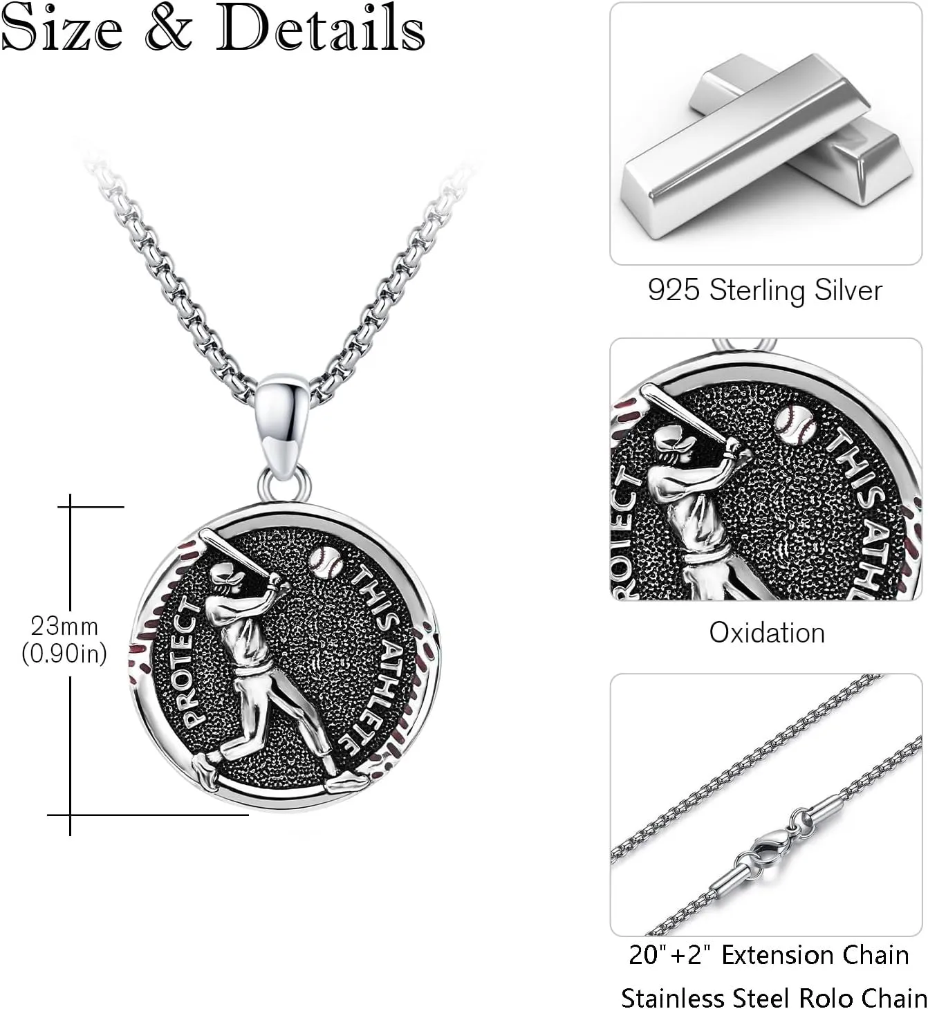 925 Sterling Silver Athlete Protect Pendant Sport Necklace with Stainless Steel Chain