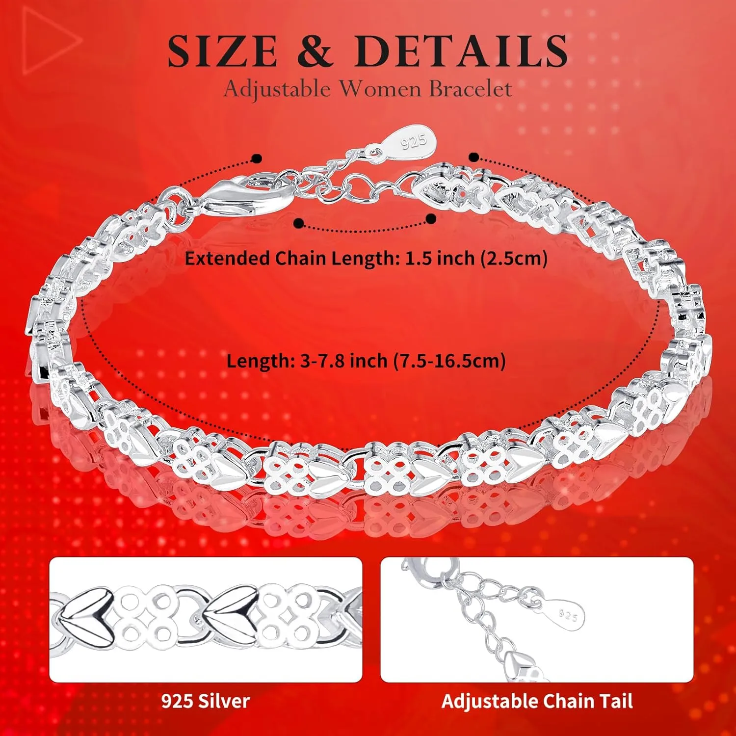 925 Sterling Silver Bracelets for Women, Classic Adjustable Slider Unique S925 Bracelet Silver Fashion Jewelry Wedding Gifts for Ladies, Sizes 3.0-7.8 Inch