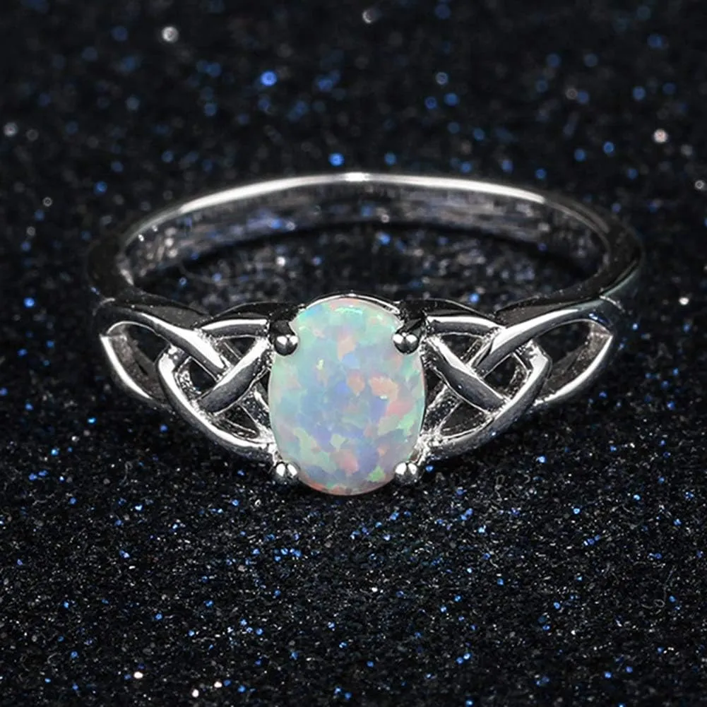 925 Sterling Silver Celtic Knot Heart Shaped Fire Opal Wedding Engagement Ring