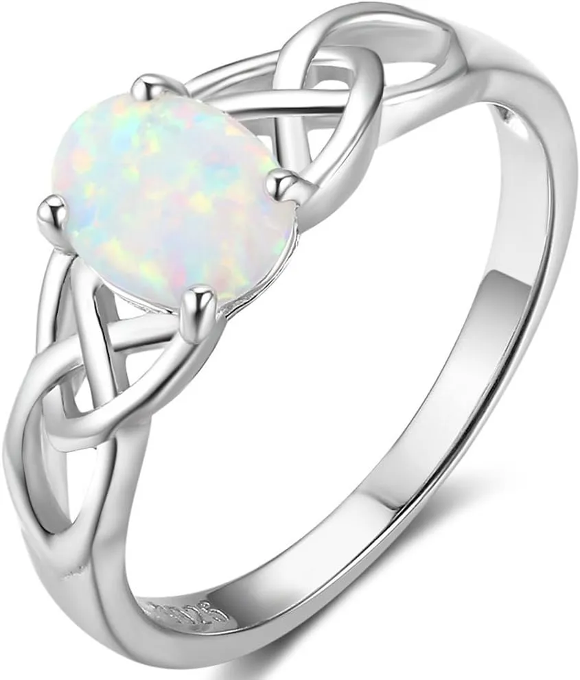 925 Sterling Silver Celtic Knot Heart Shaped Fire Opal Wedding Engagement Ring